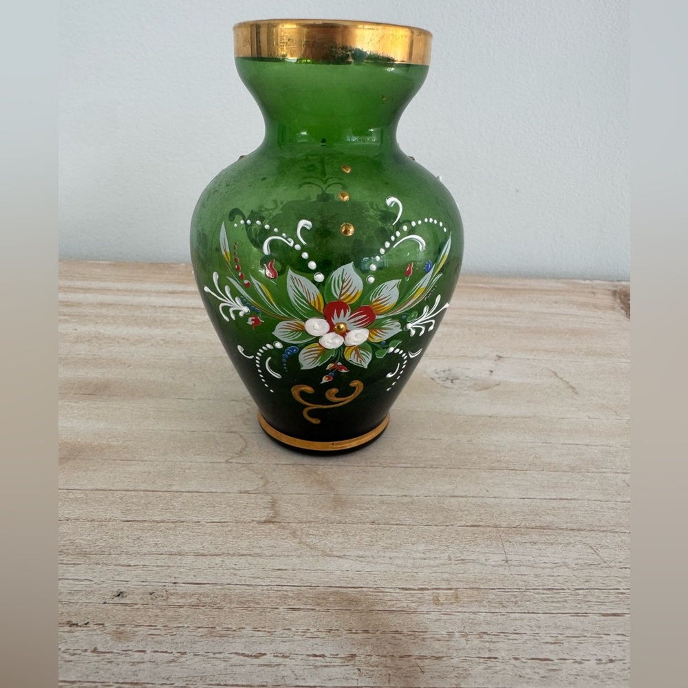 Venetian Italian  Hand-Painted Green Glass Vase